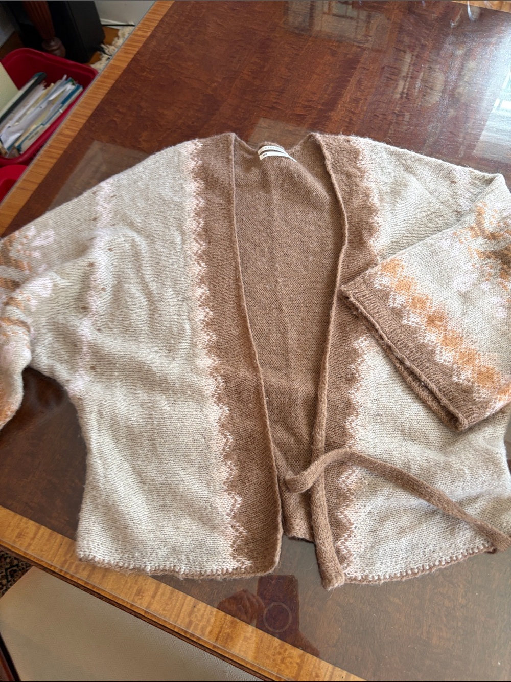 Anthropologie Brown and Cream Knit Tie-Front Cardigan